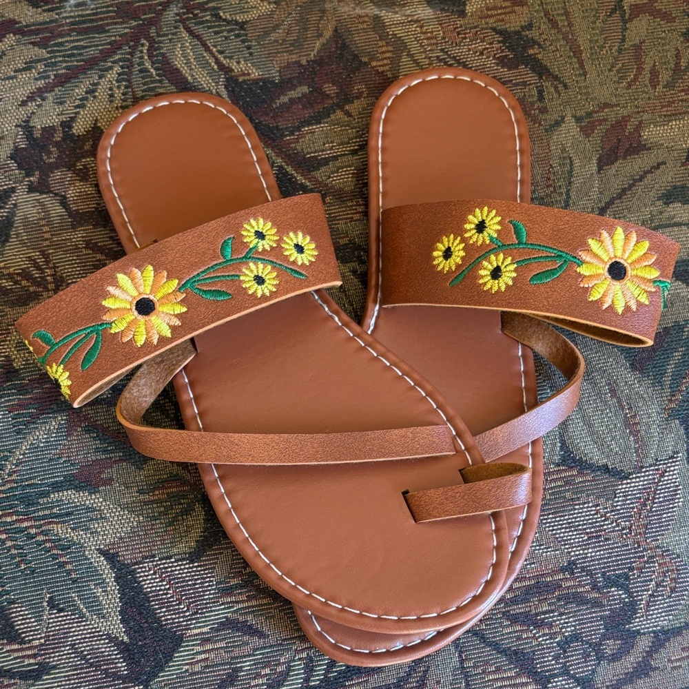 New Brown Sandals with Floral Embroidery